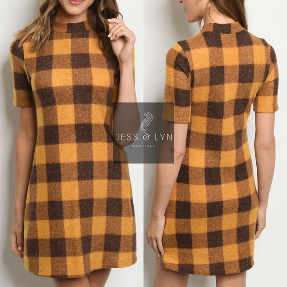 🆕 JAYME-Mustard/Brown Checkered Hi Neck Dress - Picture 4 of 8